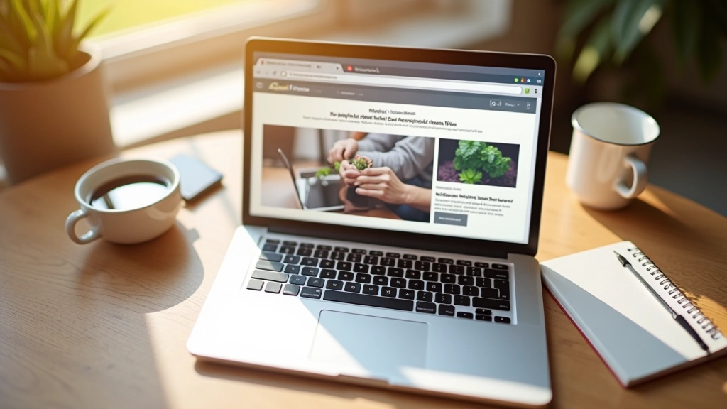 Ordinateur portable avec articles de blog ouvert, café et carnet de notes à côté