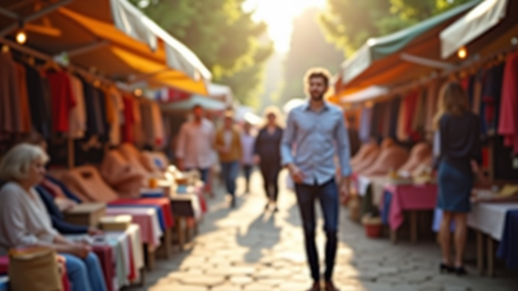 Vide-grenier avec plusieurs étals affichant des vêtements et articles variés