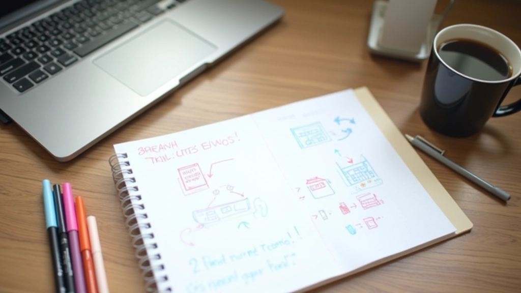 Carnet de notes avec différents sujets et idées écrites, entouré de stylos colorés et d'un ordinateur portable en arrière-plan