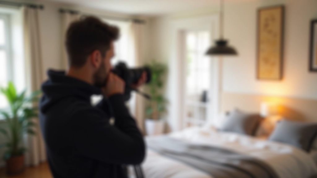 Photographe professionnel en train de prendre des photos de haute qualité d'une chambre d'hôte bien décorée