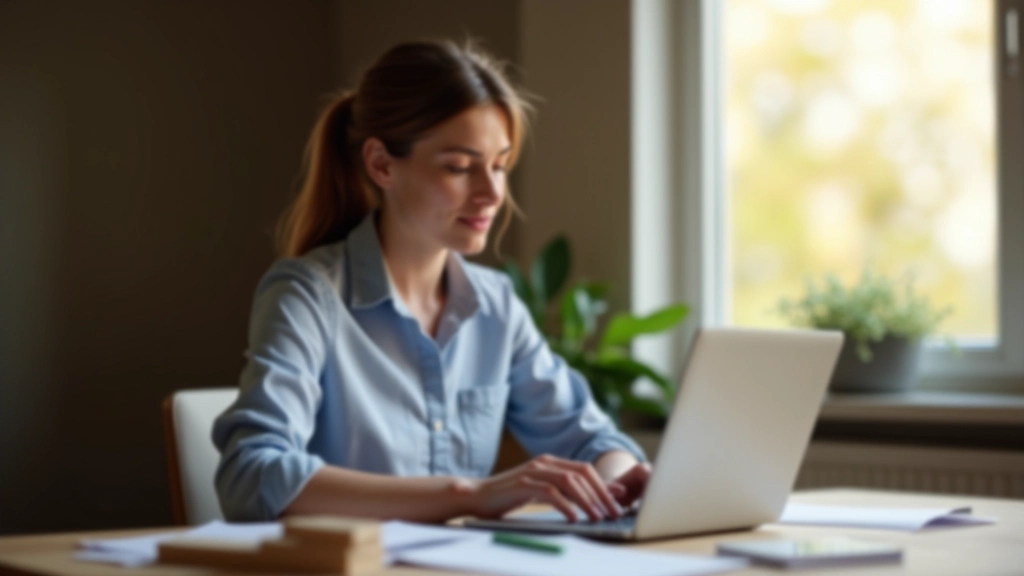 Femme assise à un bureau moderne, tapant sur un clavier d'ordinateur, avec plusieurs articles et ressources de recherche à proximité
