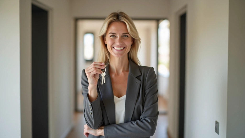 Hôte souriante montrant les clés de son appartement aux nouveaux locataires dans un couloir ensoleillé